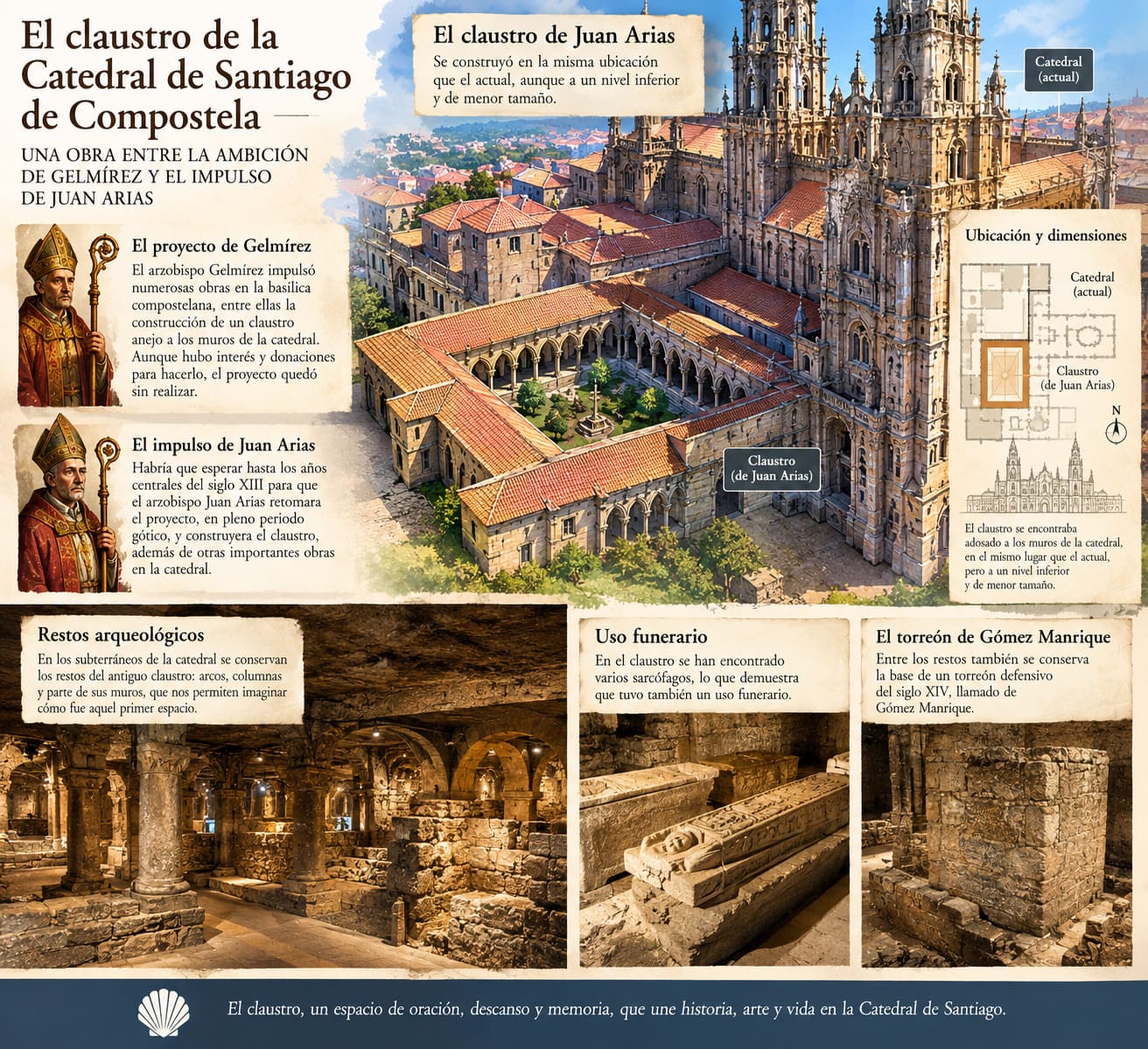 Infograf&iacute;a sobre el antiguo claustro de la Catedral de Santiago, impulsado por Juan Arias en el siglo XIII y sus restos arqueol&oacute;gicos