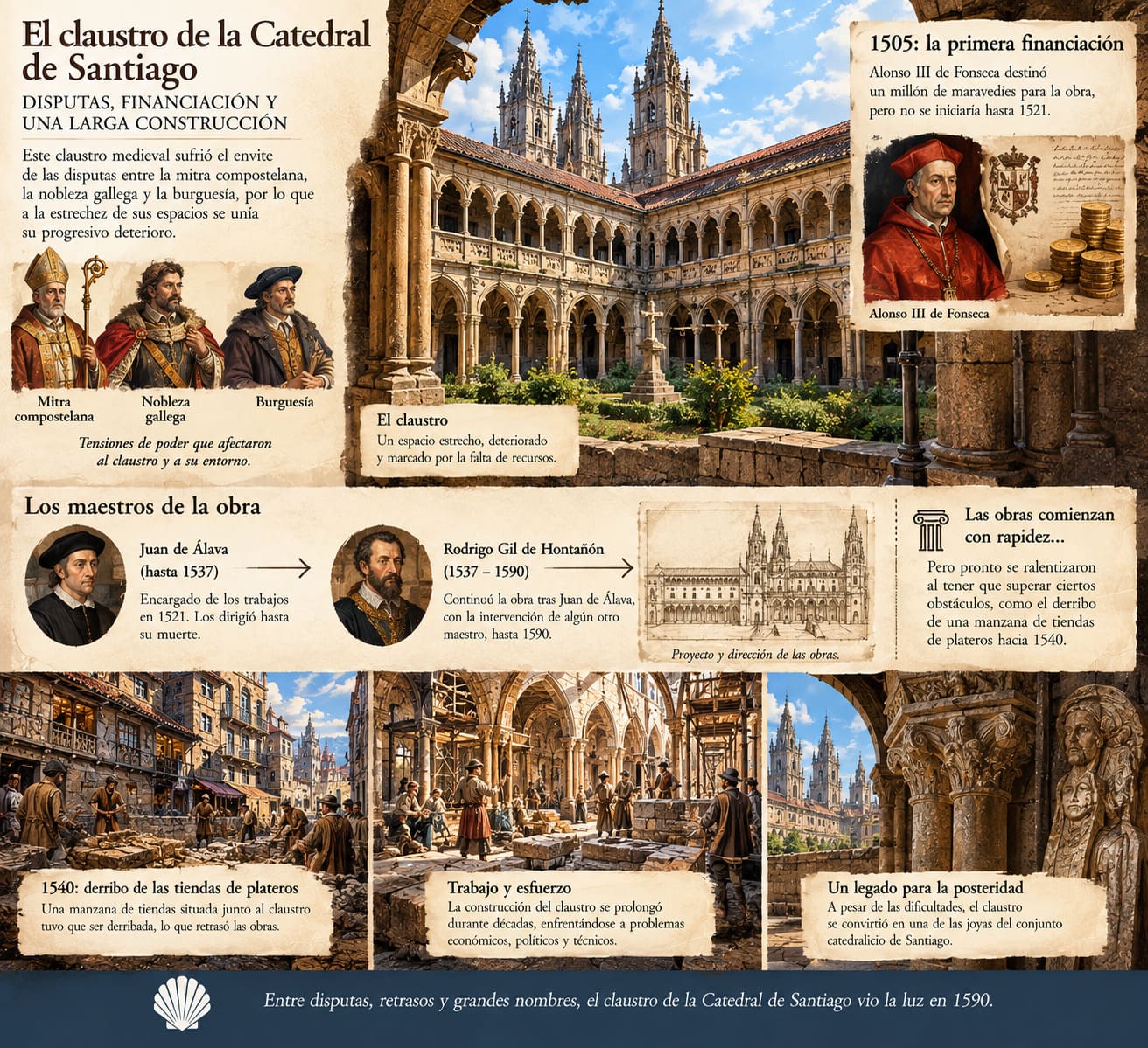 Infograf&iacute;a sobre la construcci&oacute;n del claustro de la Catedral de Santiago entre 1505 y 1590, con Fonseca, Juan de &Aacute;lava y Rodrigo Gil de Honta&ntilde;&oacute;n