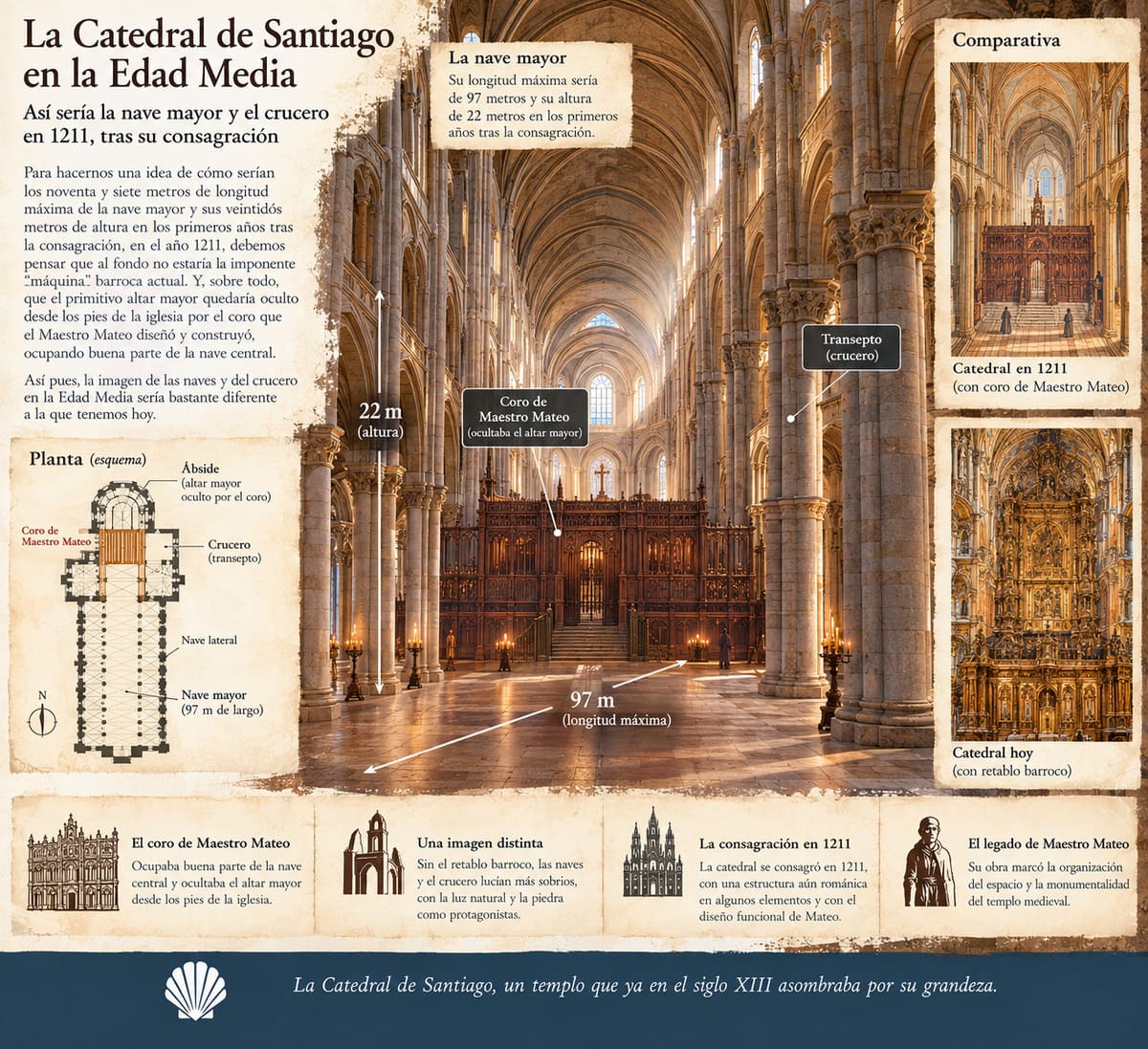 Infograf&iacute;a sobre la Catedral de Santiago en 1211, con la nave mayor de 97 metros, 22 metros de altura y el coro del Maestro Mateo