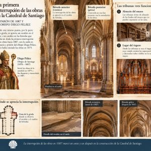 Infografía sobre la interrupción de las obras de la Catedral de Santiago hacia 1087 tras la caída del obispo Diego Peláez y las funciones de las tribunas