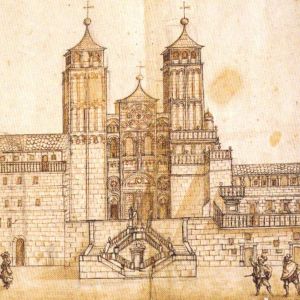 Dibujo del s. XVII de la catedral de Santiago con torres de igual altura, destacando el gran rosetón central y las escalinatas del Obradoiro.