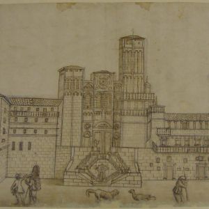 Dibujo del s. XVII de la fachada de Santiago con torres de distinta altura, rosetón mateano central y escaleras renacentistas en el Obradoiro.
