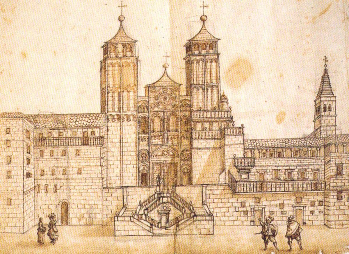 Este dibujo de mediados del siglo XVII presenta una vista de la fachada donde, a diferencia del estado real de la &eacute;poca, se han igualado las alturas de las torres laterales. 