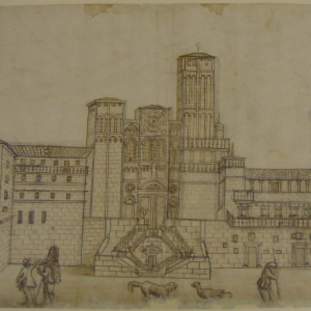 Dibujo del s. XVII de la fachada de Santiago con torres de distinta altura, roset&oacute;n mateano central y escaleras renacentistas en el Obradoiro.