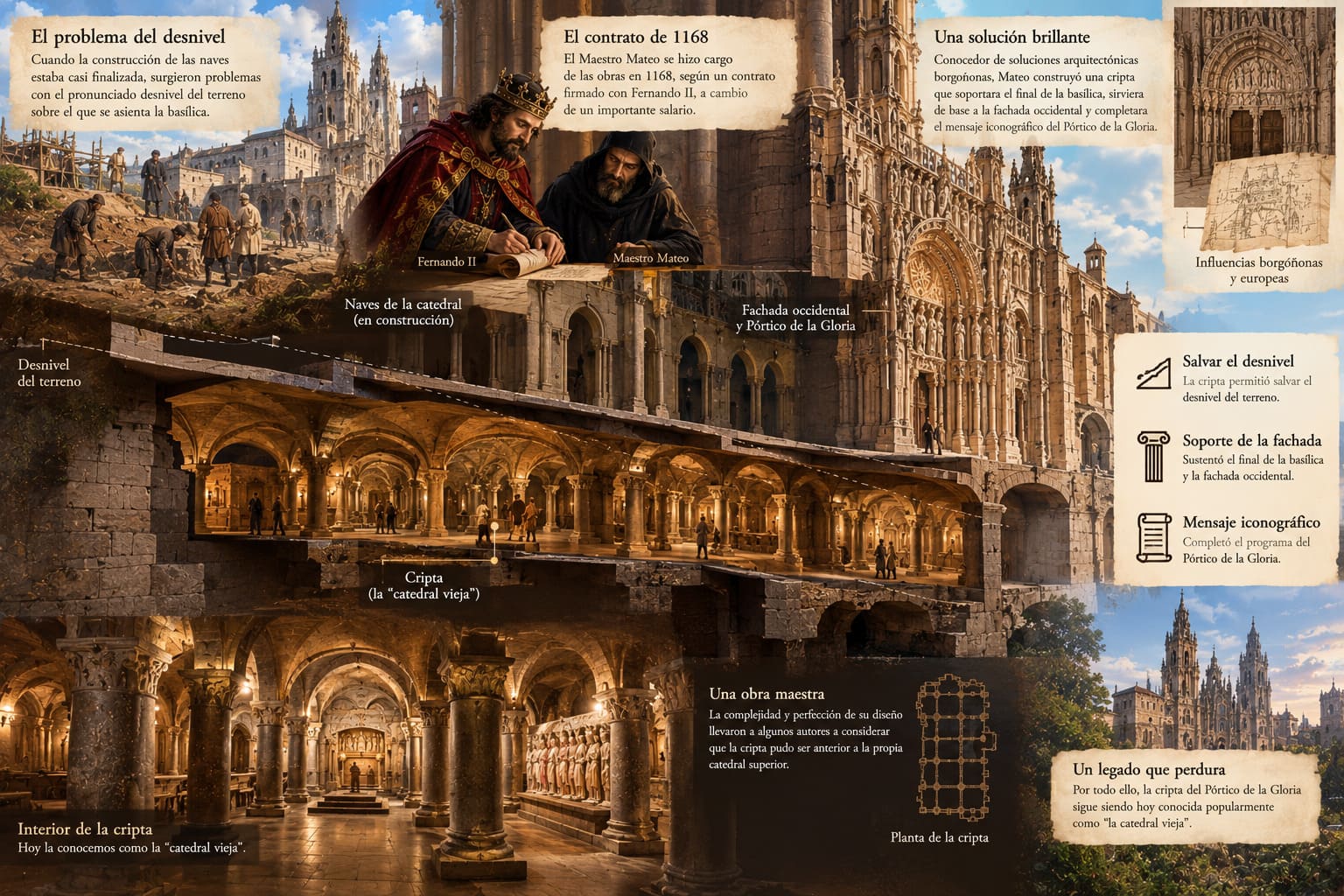 Infograf&iacute;a con el desnivel del terreno bajo la Catedral de Santiago, el contrato de 1168 entre Fernando II y el Maestro Mateo, y la cripta rom&aacute;nica que soporta la fachada occidental