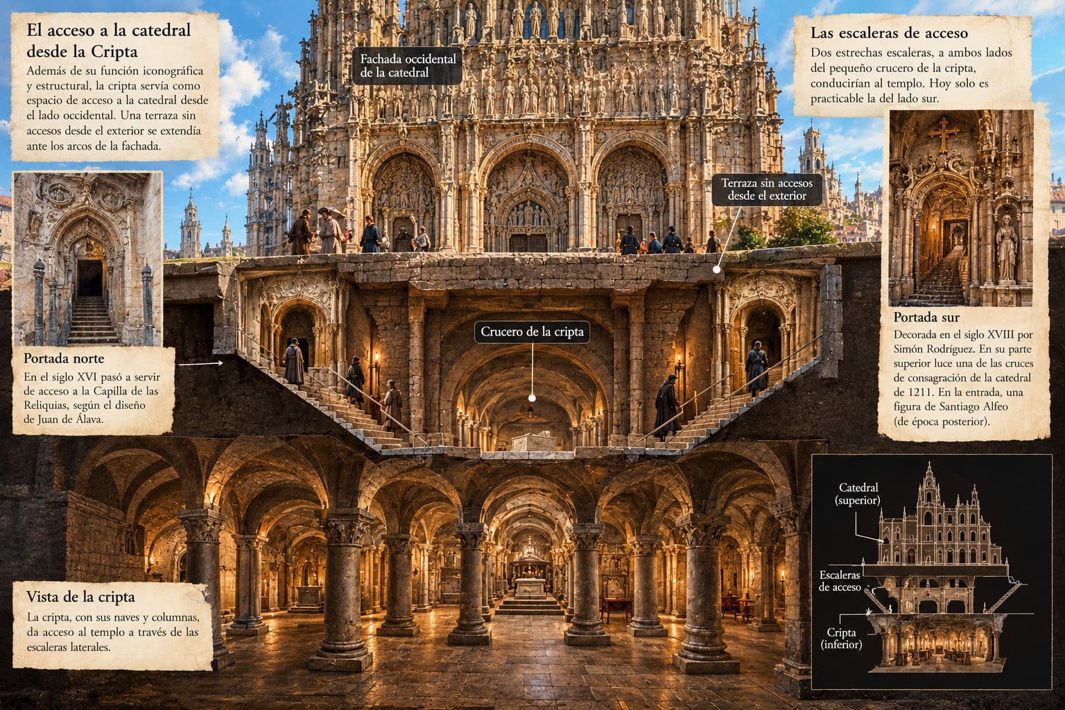 Infograf&iacute;a de las dos escaleras de la cripta de la Catedral de Santiago, que suben desde el crucero hasta la terraza de la fachada occidental, con las portadas norte y sur