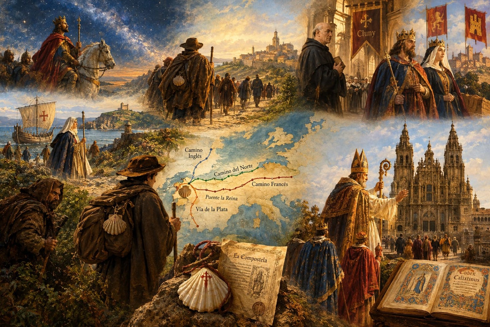 Peregrinos medievales recorriendo los caminos hacia Santiago de Compostela junto a un mapa de las rutas jacobeas, la Catedral y el C&oacute;dice Calixtino