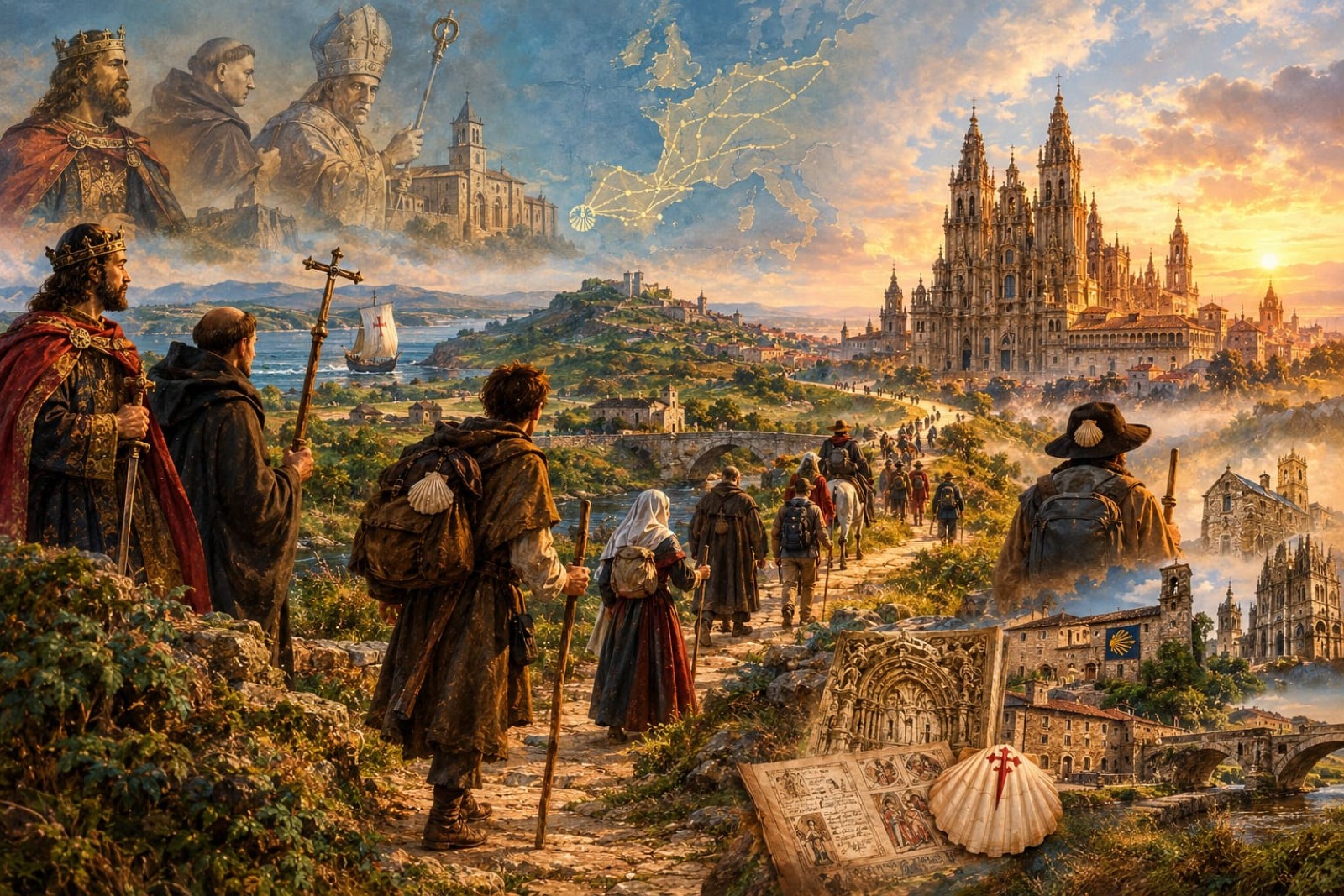 Peregrinos de distintas &eacute;pocas recorriendo el Camino de Santiago hacia la tumba del ap&oacute;stol, s&iacute;mbolo de la historia y cultura europea