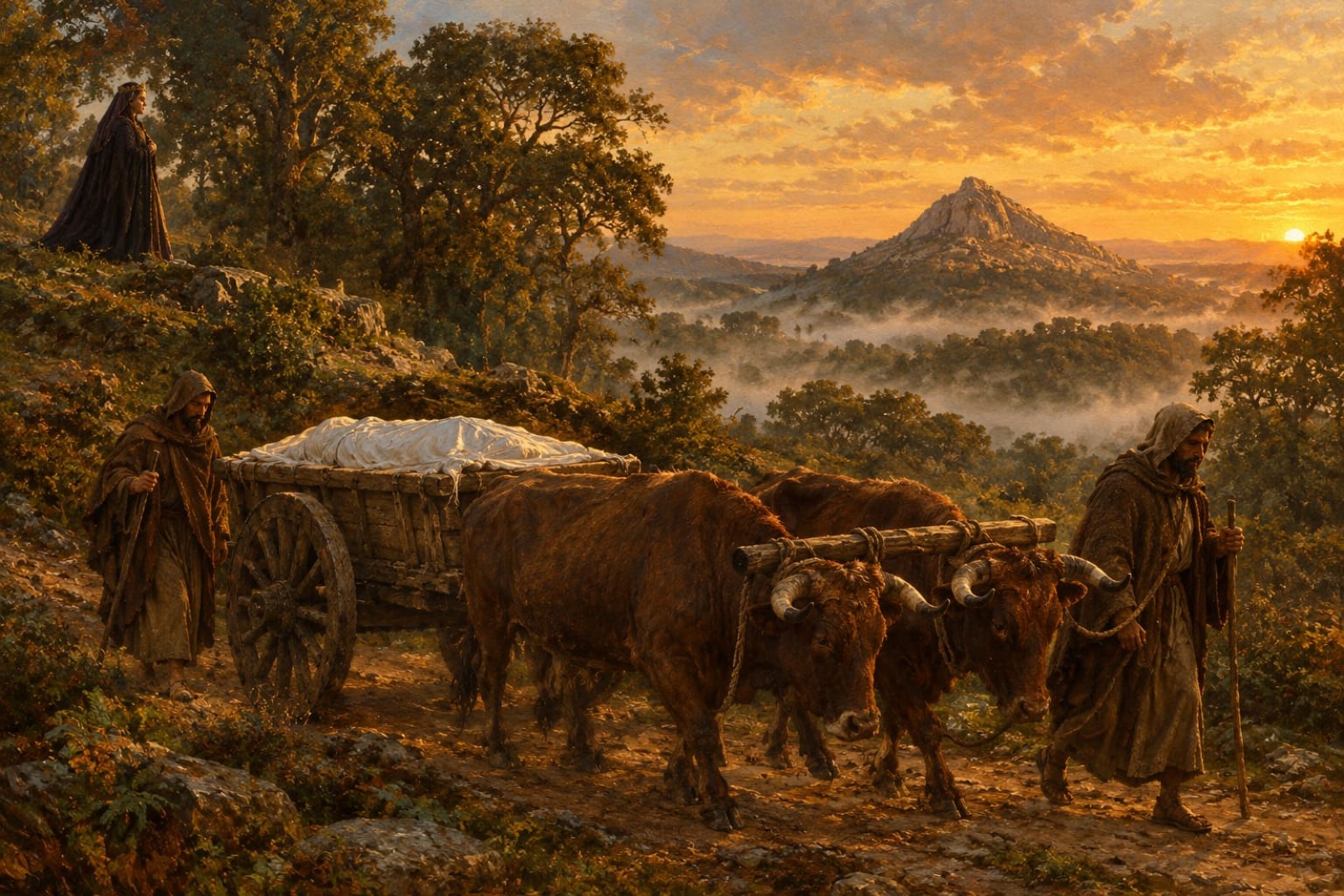 Dos discípulos guían un carro tirado por dos toros que transporta el cuerpo de Santiago envuelto en un sudario, por un bosque de Galicia con el Pico Sacro al fondo al atardecer