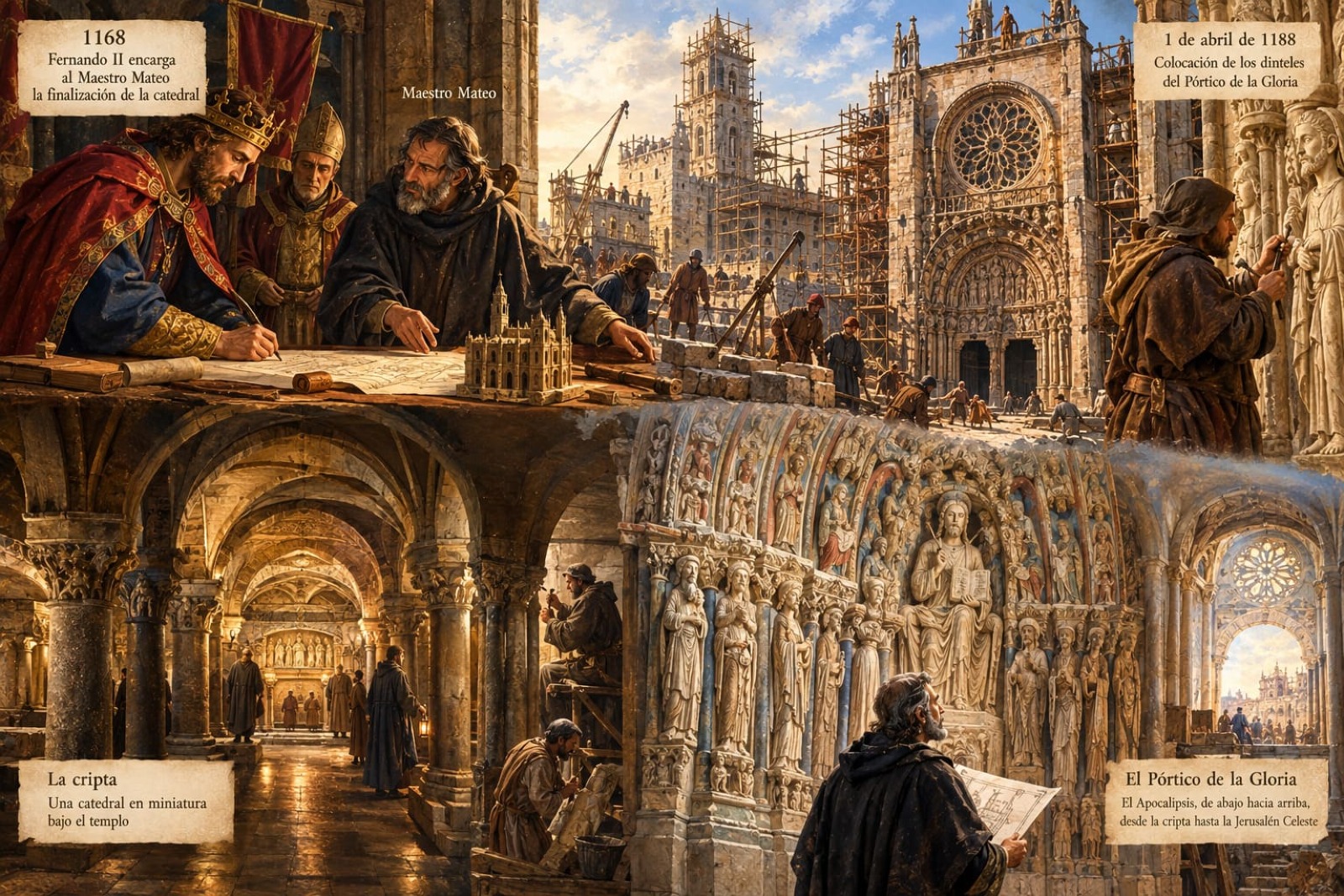 El Maestro Mateo dirige las obras de la Catedral de Santiago y construye la cripta y el P&oacute;rtico de la Gloria entre 1168 y 1188