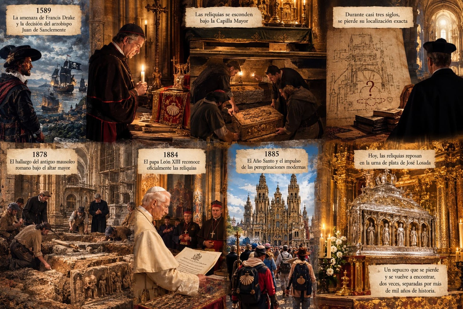 Historia de las reliquias de Santiago, ocultadas en 1589 y redescubiertas en 1878 bajo la Capilla Mayor de la Catedral