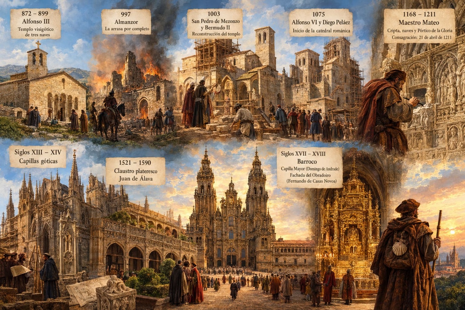 Evoluci&oacute;n de la Catedral de Santiago desde las primeras iglesias hasta el templo rom&aacute;nico y las posteriores transformaciones g&oacute;ticas y barrocas