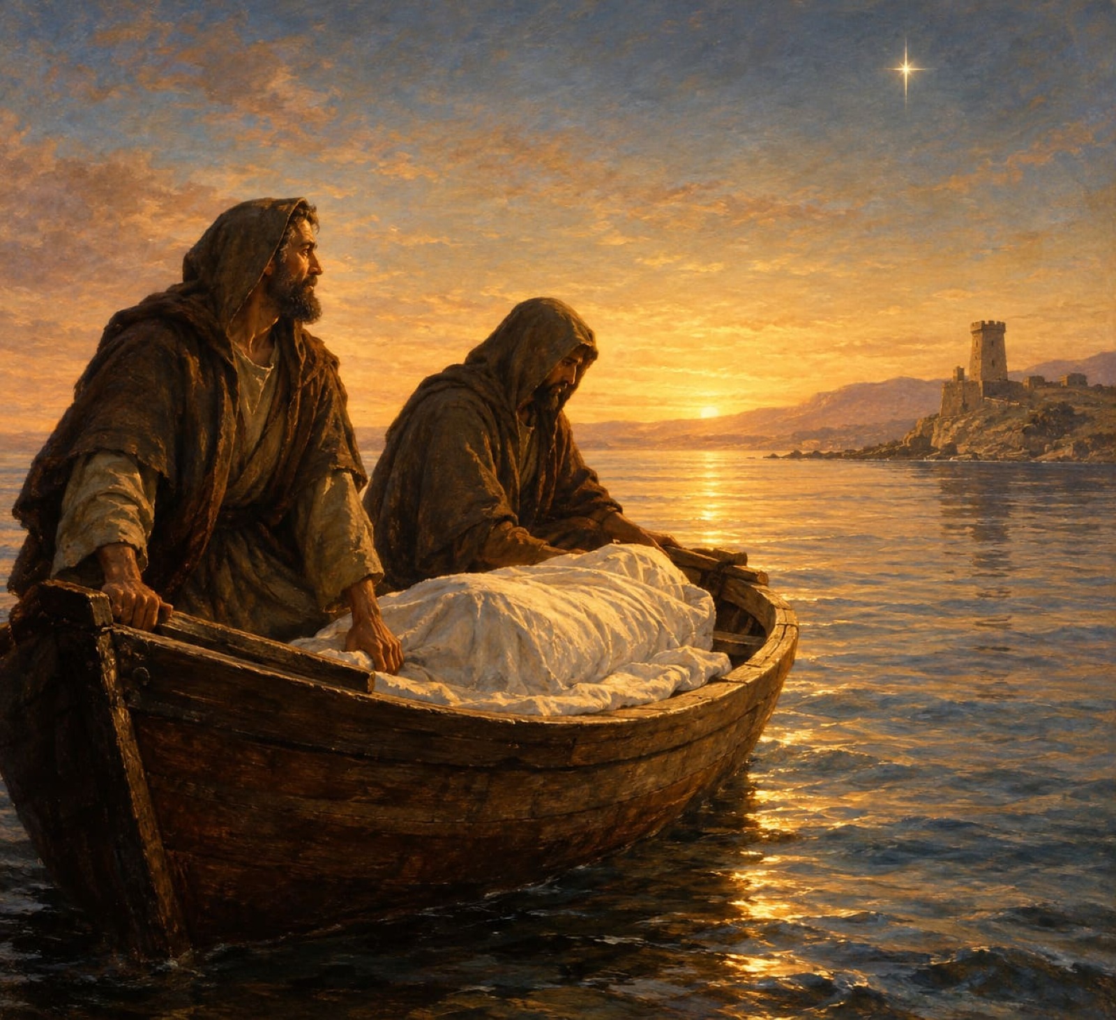 Barca a la deriva al amanecer con el cuerpo de Santiago envuelto en un sudario y sus discípulos Atanasio y Teodoro, rumbo a la costa de la Hispania romana